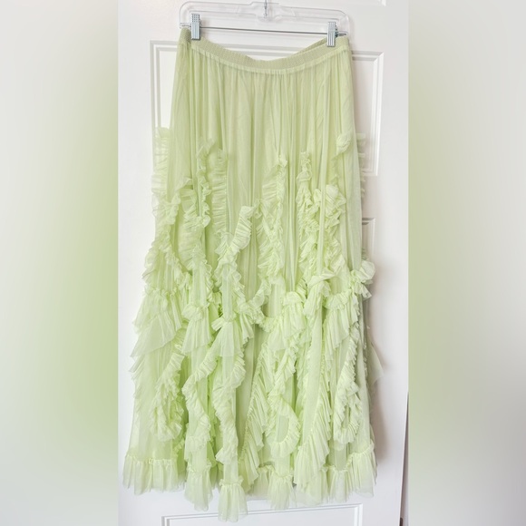 Anthropologie Lime Green Ruffle Tulle Midi Skirt Large Romantic Cottagecore - Picture 3 of 9